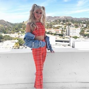 Plaid crop top and high waist pants set